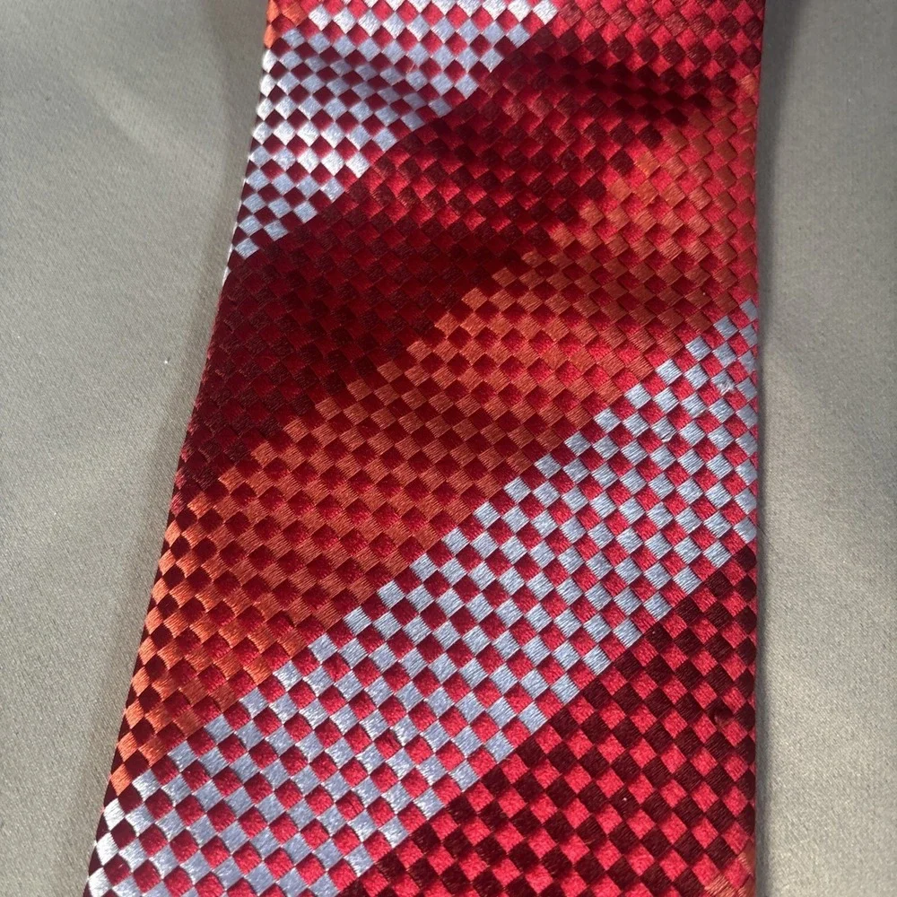 Villa Bolgheri Italy Mens Silk Tie Red Orange Silver Geometric Checkered Stripe